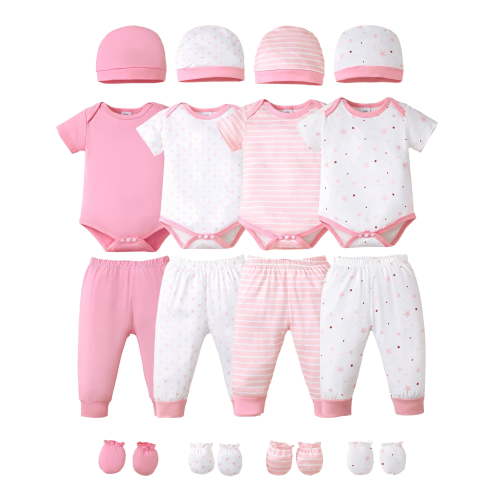 KIMI BEAR Newborn Baby Girls Layette Essentials Set Summer Clothes 4 Packs Short Sleeves Romper Tops Pants Sets with Hats and Mittens 16pcs Girl Gifts Pink NB