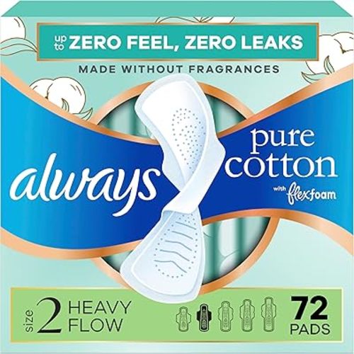 Always Pure Cotton Feminine Pads for Women, FlexFoam Pads with Wings, Size 2, Heavy Absorbency, Unscented, 72 Count (3 Packs of 24)