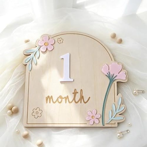 Wooden Wildflower Baby Monthly Milestone Markers Disc, Rustic Wildflower Milestone Sign,Wooden 3D Milestone Cards for Photos, 1-12 Months Interchangeable Monthly Milestone Sign