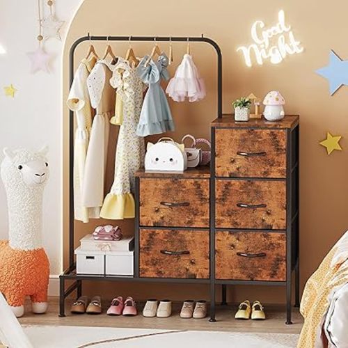 COTUBLR Dresser for Bedroom with Hanging Rack, 5 Drawers Dresser with Clothes Rack, Fabric Dressers & Chest of Drawers with PU Finish Storage Organizer, for Living Room Closet, Rustic Brown