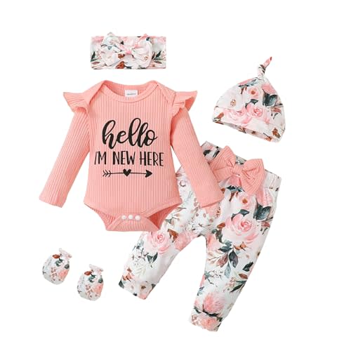Sinhoon Newborn Baby Girl Clothes Hello I'm New Here Letter Romper+Floral Pants+Hat+Headband+Coming Home Outfits