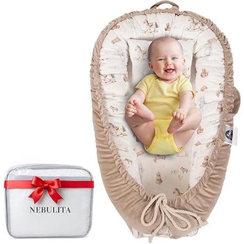 Newborn Lounger Cream - Flexible & Portable w/Infant Support Cushion, Soft & Breathable 100% Cotton - Multi-Use Supervised Baby Lounger for Floor, Travel, Changing Mat Alternative - Basic