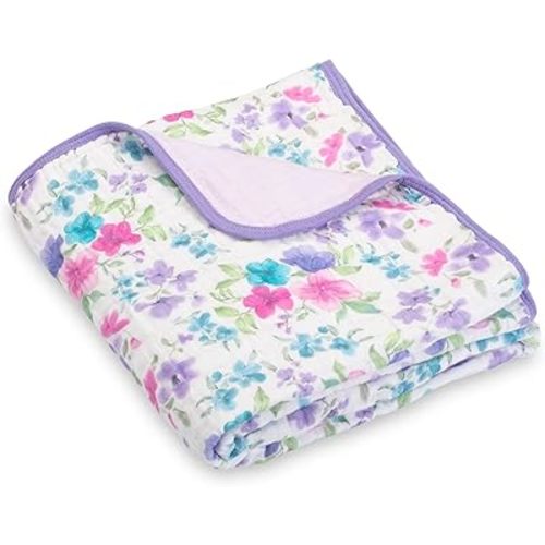 LollyBanks Baby Quilt Blanket, 100% Organic Cotton Muslin Blankets for Girls, Large 47 x 47 Inches, 6 Layers Soft and Breathable Baby Quilt, Durable Infant Crib Blanket (Wildflower Print)