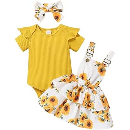 Baby Girl Clothes Cute Summer Outfits Short Sleeve Romper Adjustable Floral Overall Dress Headband 3PCS