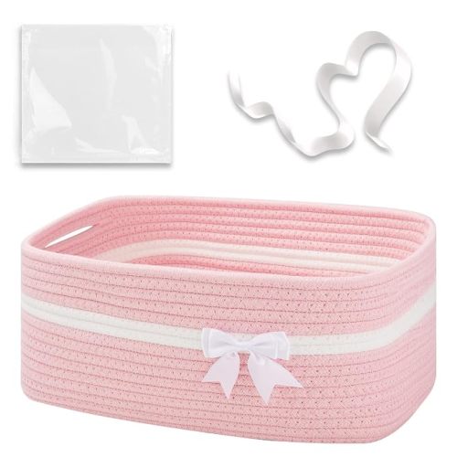 OIAHOMY Large Woven Storage Basket with Handles for Nursery Living Room Shelves, Bow Basket for Gifts Empty with Gift Bags and Ribbons for Baby Showers Pet Toy Bin - Pink