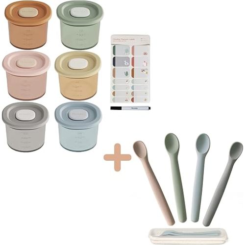 Moonkie Silicone Baby Food Containers 6 Packs and Silicone Baby Spoons Set of 4, Bundle