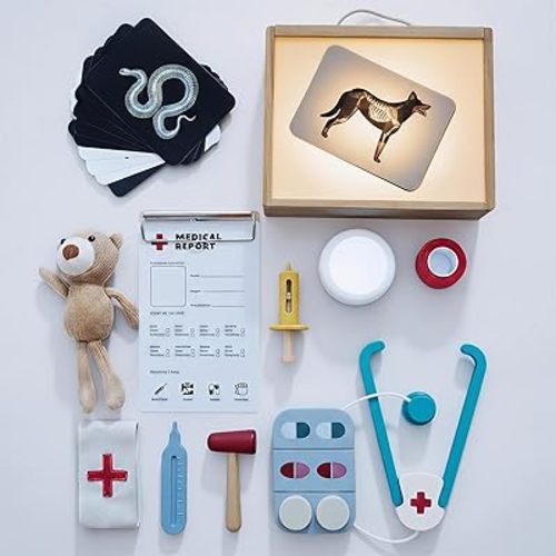 Macabaka Doctor Kit for Toddlers 3-5, Pet Vet Pretend Play Toys for Kids, with X-Ray, Wooden Light Box, Medical Tools, STEM Educational Montessori Toys