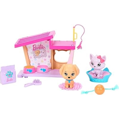 Barbie My First Barbie Accessories, Story Starter Pet Care Pack with Dog House, Puppy & Cat, Sized to Dolls in 13.5-inch Scale