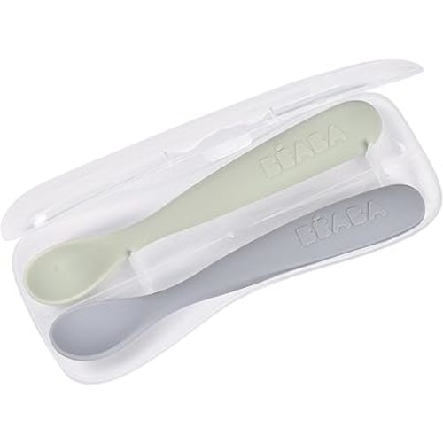 BEABA Baby's First Foods Spoon Set with Travel Case, Original Soft Silicone Baby Spoons, Baby Essentials, Travel Set, Natural