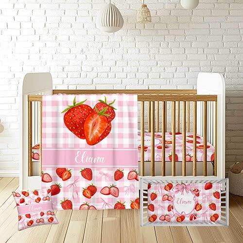 Personalized Strawberry Crib Bedding Set for Girls – Custom Name 3-Piece Pink Bow Nursery Bedding, Soft Blanket, Fitted Crib Sheet & Pillowcase, Baby Bedding for Newborn & Toddler