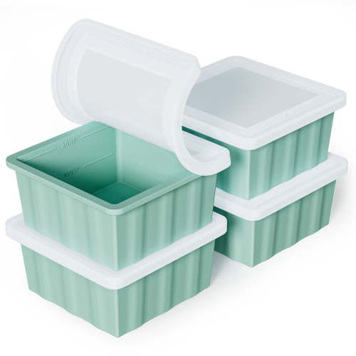 TINANA Silicone Freezer Tray with Lid 4 Pack, 2 Cup Freezing Food Molds, Make Perfect Soups, Extra Large Ice Cubes for Meal Prep, Sauces, Soups, Stews, Broths, Oven and Dishwasher Safe-Green