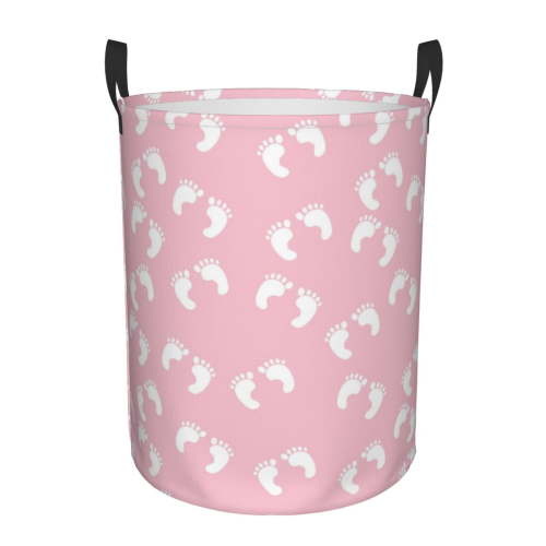 TEQUAN Waterproof Laundry Hampers, Pink Baby Footprints Pattern Clothes Storage Basket with Handle (M)