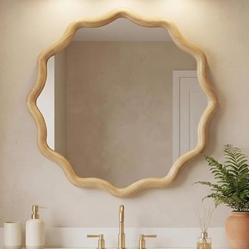 Vercraft 24" Scalloped Wood Wall Mirror, Boho Wall Decor, Natural