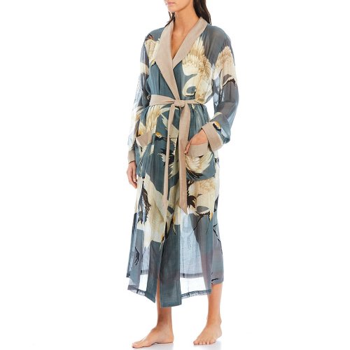 One Hundred Stars Stork Sky Print Woven Shawl Collar Long Sleeve Tie Waist Wrap Robe