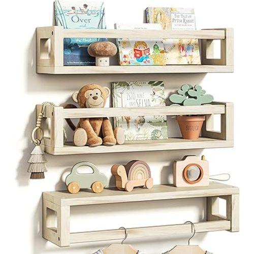 Sturdy Floating Shelves – Set of 3 Wall Bookshelves and Nursery Floating Shelves for Books, Toys, Kitchen, Bathroom, and Home Decor – Natural Poplar