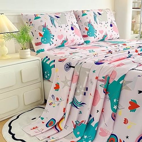 MWMWMW Unicorn Kids Full Size Bed Sheet, 4 Pieces Kids Rainbow Printed Microfiber Deep Pocket Bed Sheets, Girls Full Size Sheets Set with 2 Pillowcases