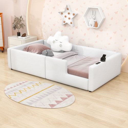 Twin Wood Upholstered Platform Bed with Charging Station and Guardrail | Wayfair
