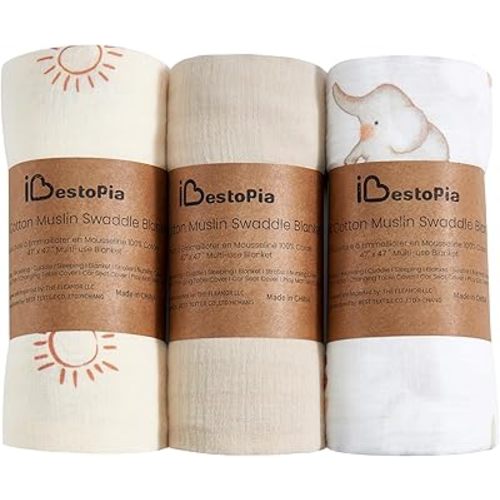 3-Pack 100% Cotton Muslin Swaddle Blankets, Large 47 x 47 Inches — Breathable Soft Receiving Blankets for Newborns, Swaddling Wraps, Registry Gift (Sunny Elephant Theme)