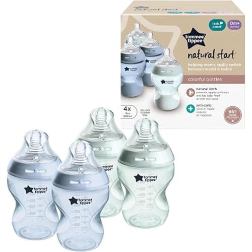 Tommee Tippee Natural Start Anti-Colic 9 oz BPA Free Baby Bottles, 0+ Months, Slow Flow Breast-Like Nipple, Self Sterilizing, Seamless Transition Between Bottle & Breast, Blue & Green, Pack of 4