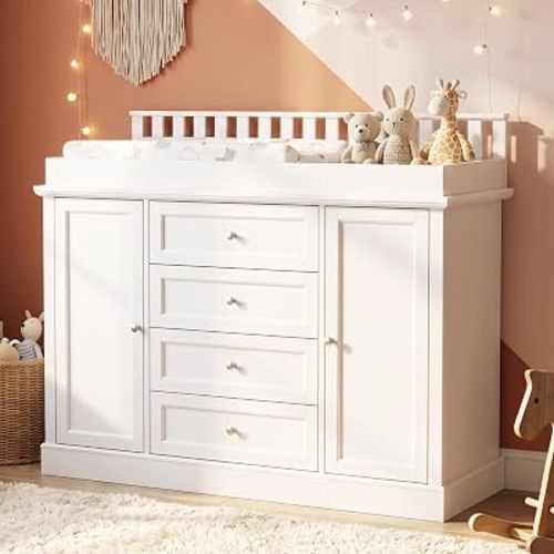 Timechee 47.2" Large Baby Nursery Dresser with Changing Table Top, White