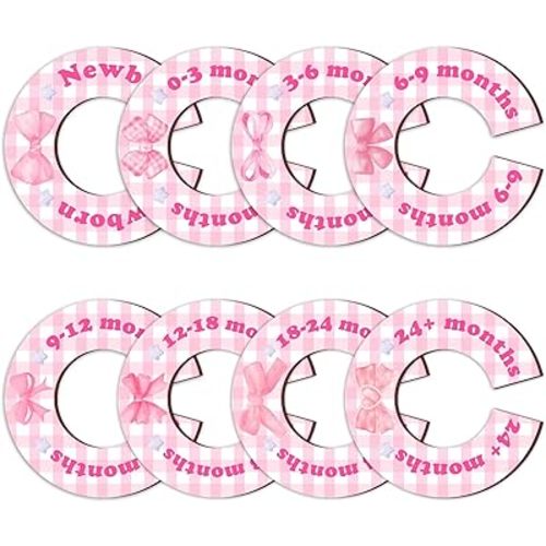 8Pcs Baby Closet Dividers, Pink bow Baby Clothes Dividers for Closet, Newborn Baby Stuff for Baby Girls, Wooden Double-Sided Baby Hanger Organizer from Newborn to Toddler