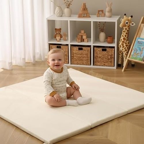 Vegan Leather Foladable Baby Play Mat, 50x50 Thicken Foam Cushioned & Waterproof Playpen Mat for Infants and Toddlers, Stylish and Just Wipe-Clean Playmat (Cream, 50" x 50")