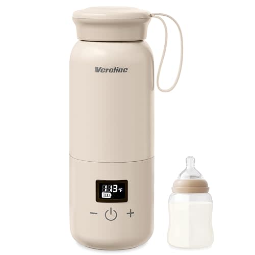 Portable Bottle Warmer for Travel, 10 Oz Baby Botle Warmer with Adjustable Temperature & Keep Warm for Formula, Breastmilk, Cordless Milk Warmer, Rechargeable Water Warmer for Outdoor (Beige)