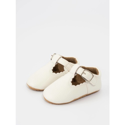 T-Strap Scalloped Buckle Shoes - White