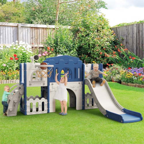 WFUN 9-in-1 Toddler Slide Playset, Indoor Outdoor Playground for Kids Age 1+, Blue Gray, HDPE Material