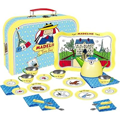 YOTTOY Madeline Collection | 23-Piece Kids Tin Tea Set Toy w/ Illustrations, Monograms, Carry Case