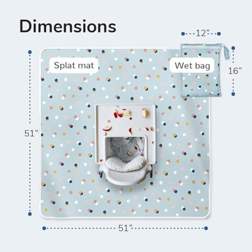51" Heavy Duty Baby Splat Mat for Under High Chair | Includes Wet Bag | Premium Washable Toddler Mat | Baby Led Weaning | High Chair Mat for Floor | Craft Mat | Splash Mat (Dots on Dots)