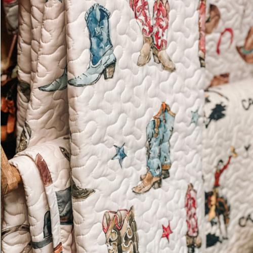 Thunderbird Boots Baby Blanket Quilt - Blue and Pink Boots