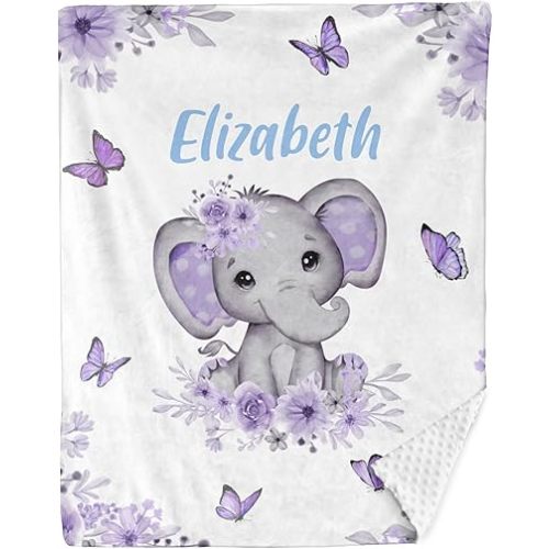 Personalized Baby Blanket for Girls Elephant Custom Baby Blankets with Name Dotted Backing Customized Gifts for New Mom Customize Baby Blanket for Kids Newborn Birthday Purple