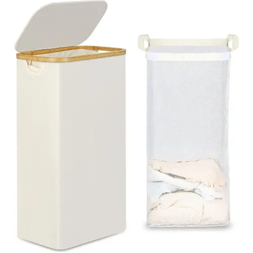 efluky Slim Laundry Basket with Lid, Narrow Laundry Hamper with Removable Bag, Skinny Dirty Clothes Basket with Bamboo Handles for Bathroom, Bedroom & Laundry Room, 75L Beige