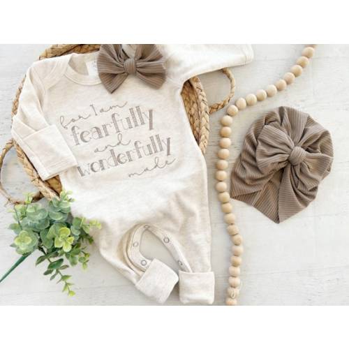 Personalized Oatmeal Taupe Romper With Handmade Bow Hat Custom Gender Neutral Coming Home Outfit Baby Shower Gift Fearfully Wonderfully Made - Etsy
