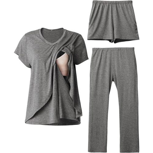 Rnxrbb V Neck Nursing Pajamas Set 3 Pack Postpartum Pjs Breastfeeding Sleepwear for Women Double Layer with Pockets