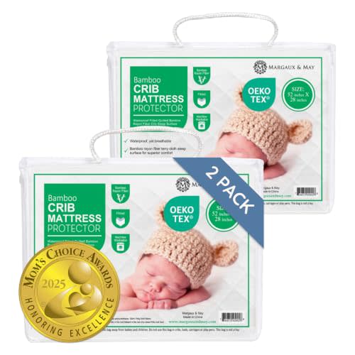 Margaux & May Crib Mattress Protector, 2-Pack, Oeko-TEX® Certified | 100% Waterproof, Fitted, 28" x 52", Standard Crib Size, Mattress Protector Pad, Highly Absorbent Quilted Cover, Noiseless