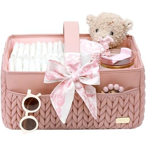 Luxurious Baby Diaper Caddy, Nursery Storage Basket for Newborn Boy and Girl, Travel Baby Basket for Diapers Baby Wipes, Organizer Tote Bag Storage Bin, Baby Shower Gifts(dusty rose)