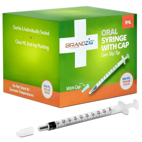 1ml Syringe with Cap (100 Pack) | Oral Dispenser Without Needle, Luer Slip Tip, | Sterile Individually Wrapped Medicine Dropper for Infants, Pets and Colostrum Collector