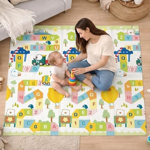 Bammax Extra Large 78" x 70" x 0.4" XPE Foam Baby Play Mat with Travel Bag | Anti-Slip, Waterproof, Foldable & Reversible Padded Playmat | Baby Crawling & Kids Play Mat – Giftable Design, Cars & Fire Engine