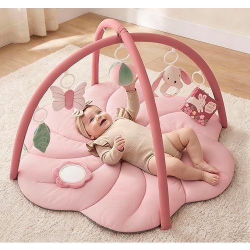 Blissful Diary Baby Play Gym Mat, Tummy Time with 6 Detachable Toys for Sensory & Motor Skill Development, Baby Activity Mat for Girl Boy Newborn Essentials Shower Gift, Pink Floral
