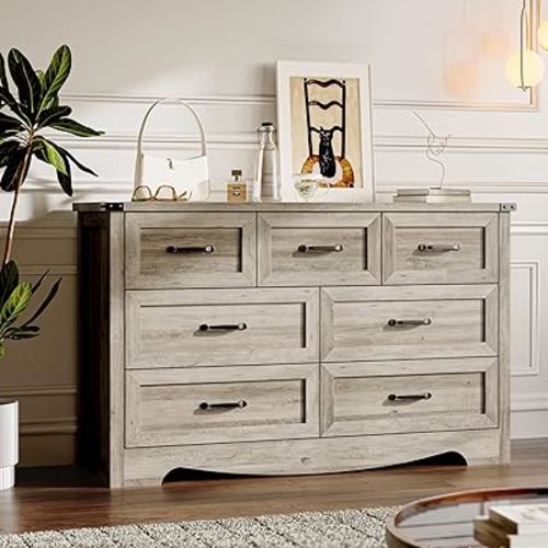 BORNOON 7-Drawer Dresser for Bedroom, Modern Wooden Chest of Drawers with Metal Handles, Anti-Tipping Design, Sturdy and Stable Storage Organizer for Living Room, Entryway, Home Office