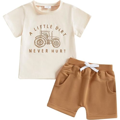fhutpw Toddler Baby Boy Summer Clothes Tractor Letter Short Sleeve T-Shirt Tops Pockets Casual Shorts Set Infant Outfits