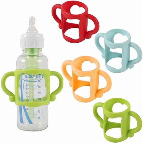 TonGass (4-Pack) Bottle Handles for Dr Brown Narrow Baby Bottles with Easy Grip Handles to Hold Their Own Bottle - BPA-Free Soft Silicone - Red Orange Blue and Green