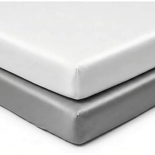 Pro Goleem Satin Mini Crib Sheets 2 Pack, Grey & White Silky Soft Fitted Sheet for Baby Hair Protection, 38"x24"x5" Breathable Mattress Cover Compatible with Pack n Play & Portable Crib