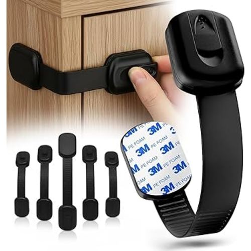 SAFENEST Child Proof Cabinet Locks (5 Pack Black) 3M Adhesive for Cabinets and Drawers, Fridge, Drawer Locks Baby Proofing, No Drilling; Alcohol Prep Pads Included