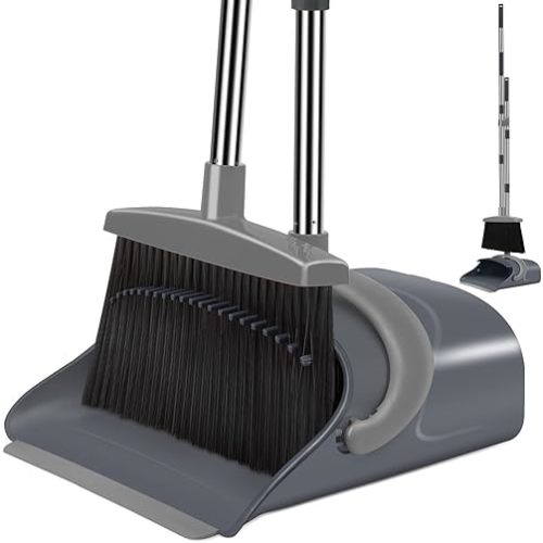 Broom and Dustpan Set, Dust pan with Long Handle, Broom with Dustpan Combo Set, Broom and Dustpan for Home, Indoor or Outdoor Cleaning Tool (Deep Gray&Light Gray)
