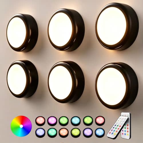 Push Lights with Remote, 6-Pack Black, Color-Changing | Battery-Powered, LED Hockey Puck Lights, Wireless Under-Cabinet & Baseboard Illumination, Dimmable