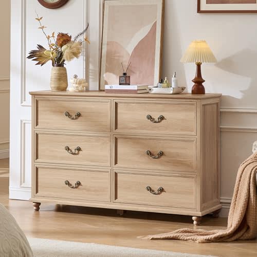 Joaxswe Farmhouse 6 Drawers Dresser for Bedroom, Vintage 54" Wide Chest of Drawers w/ 4 Wooden Legs, Rustic Large Closet Storage Dressers Organizer for Hallway, Wood TV Stand for Living Room, Natural