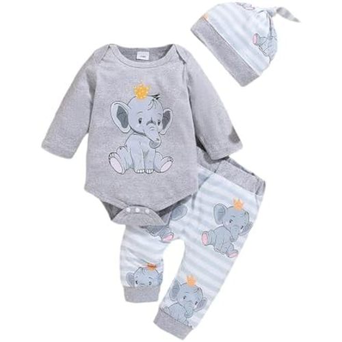 Baby Boy Girl 3Pcs Fall Outfits Long Sleeve Elephant Print Romper + Pants + Hat Set Infant Clothes